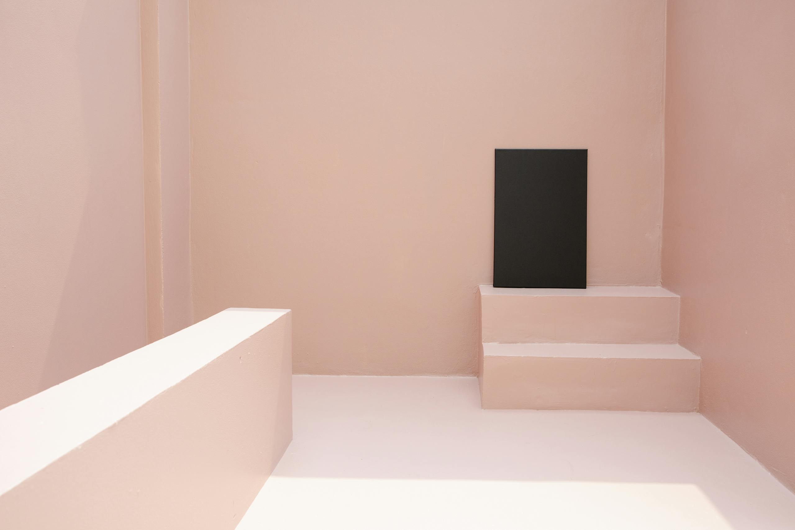 A modern minimalist pink room featuring a black canvas on small steps.