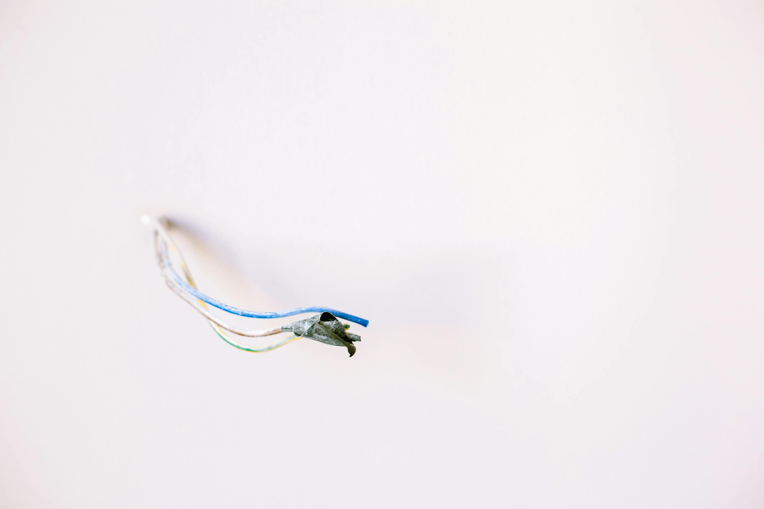 Loose electrical wires protruding from a white wall, ideal for home improvement concepts.